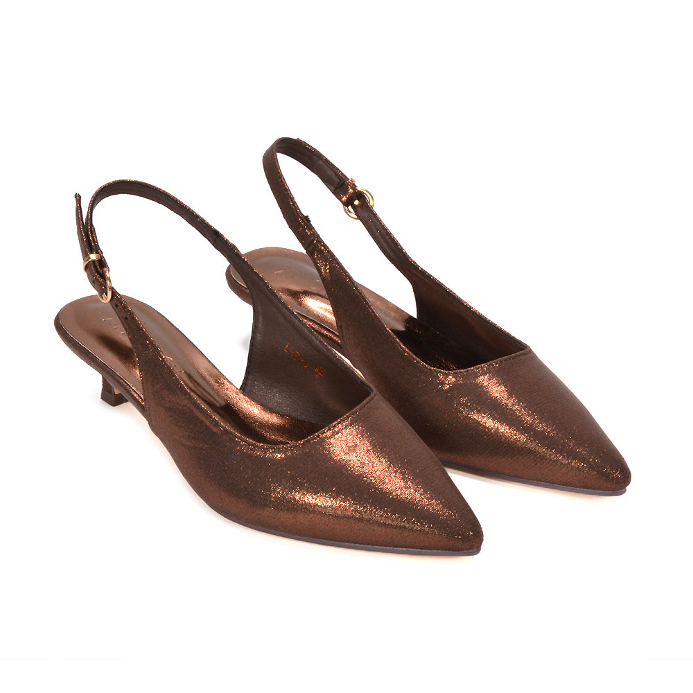 espresso low heel pumps, bronze shimmer pumps for cocktail events, festive evening pumps