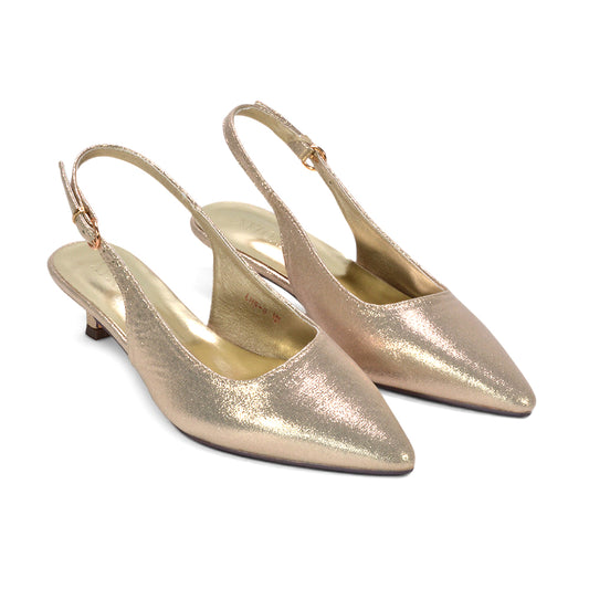 elegant gold kitten heels, women’s gold formal slingback pumps, glamorous gold kitten heels