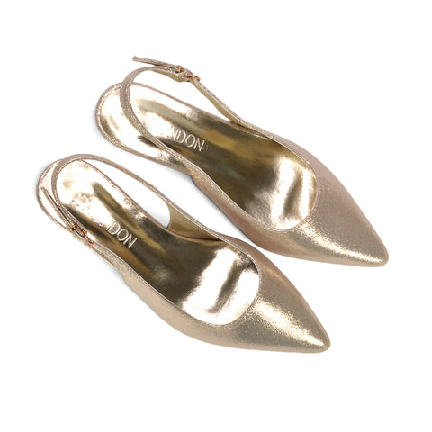 shiny gold evening pumps, women’s gold formal slingback pumps, gold shimmer court heels