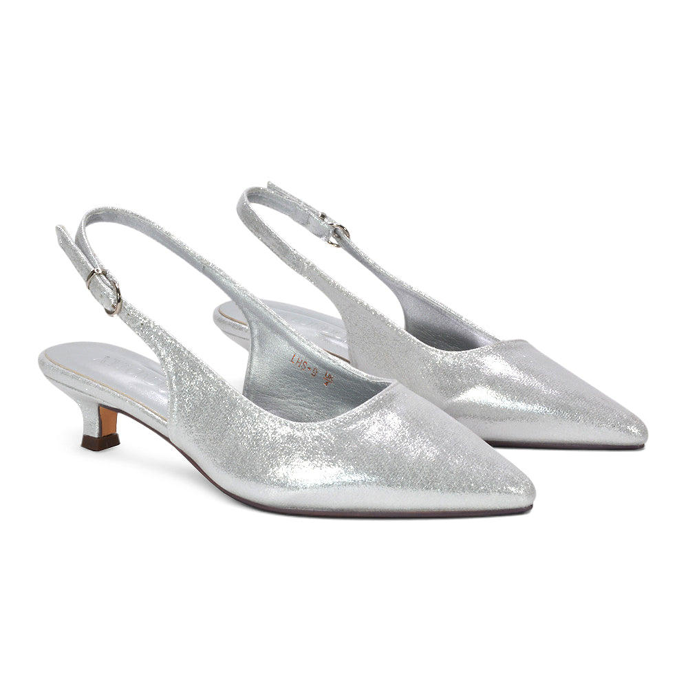 metallic silver slingback heels, comfortable silver slingback heels for office wear, luxe silver pumps