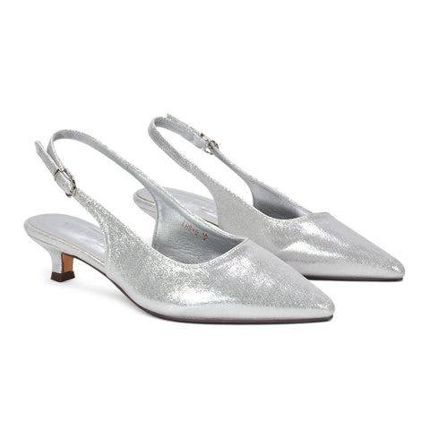 metallic silver slingback heels, comfortable silver slingback heels for office wear, luxe silver pumps