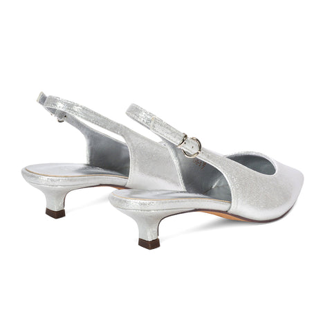 silver court shoes, chic metallic silver kitten heels for parties, silver low heel pumps