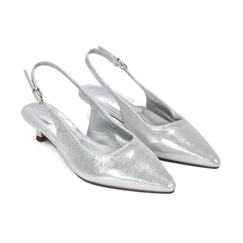 elegant silver kitten heels, women’s silver formal slingback pumps, silver court shoes