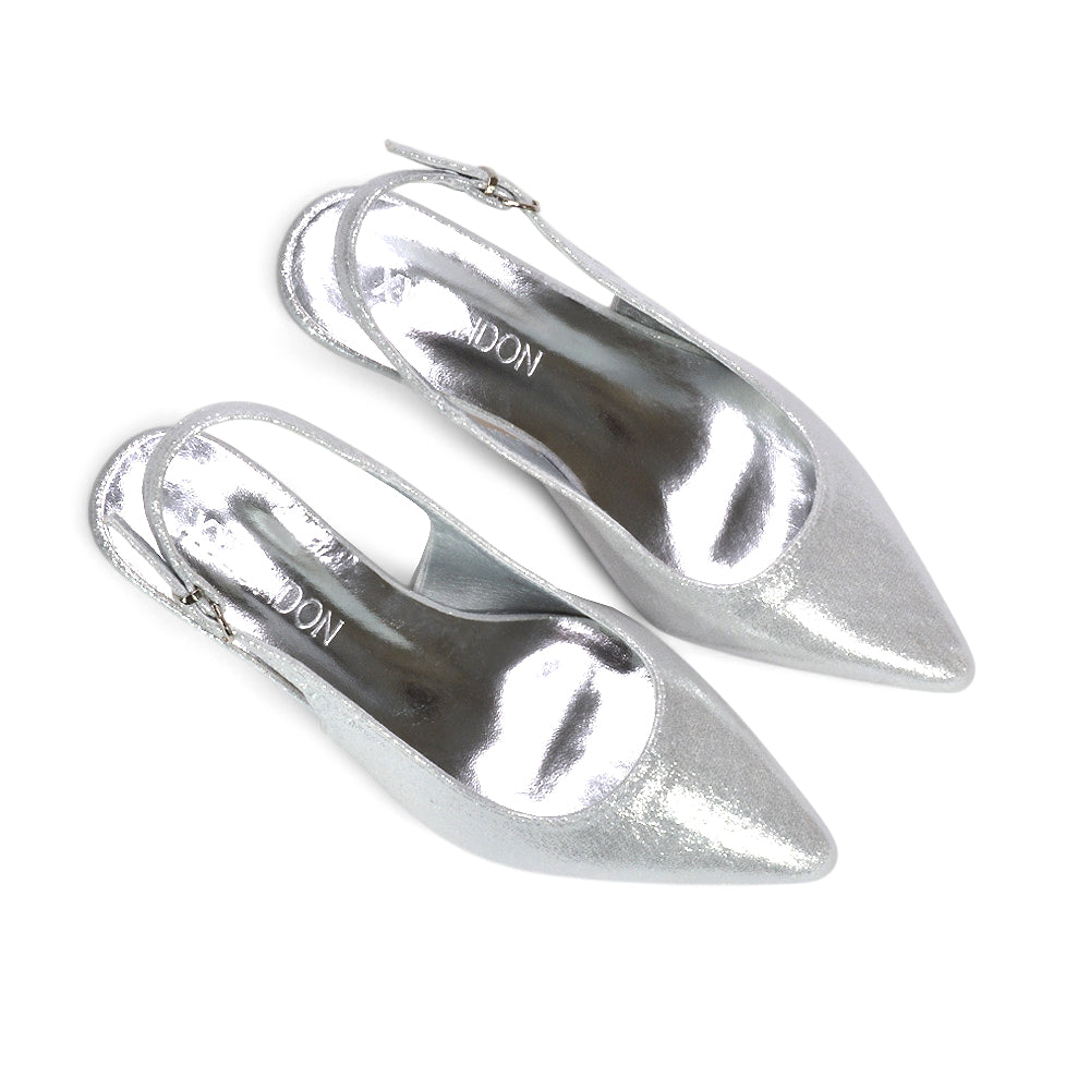 silver shimmer high heels, silver court heels, silver kitten heels