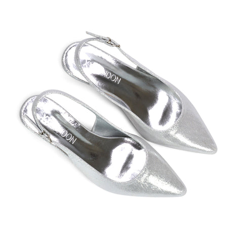 silver shimmer high heels, silver court heels, silver kitten heels