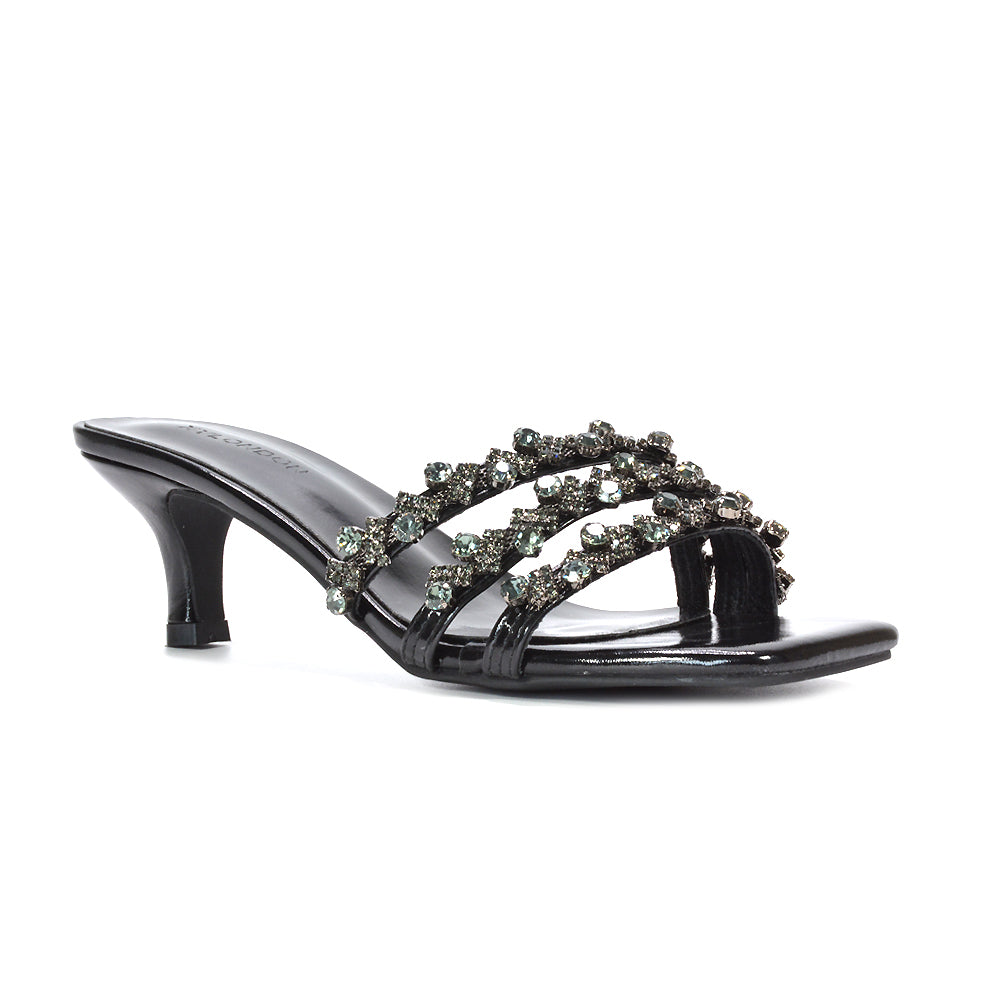 black party heels for women, women's black mid stiletto heel mules, black square toe heels