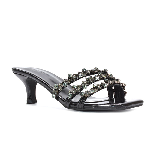 black party heels for women, women's black mid stiletto heel mules, black square toe heels