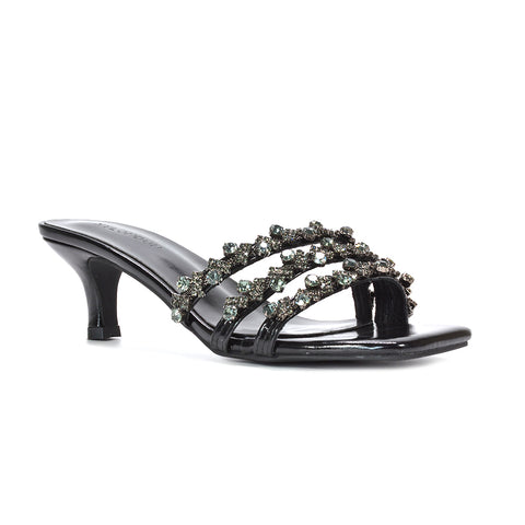 black party heels for women, women's black mid stiletto heel mules, black square toe heels