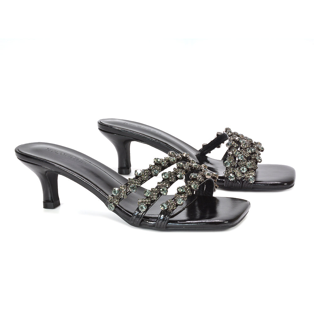 black stiletto heel mules, black rhinestone mule heels for women, black evening sandals with diamante straps