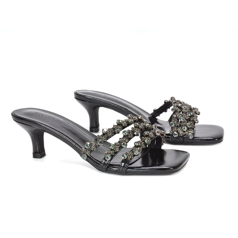 black stiletto heel mules, black rhinestone mule heels for women, black evening sandals with diamante straps