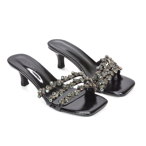 black party heels, black square toe stiletto mule sandals, stylish black stiletto mules