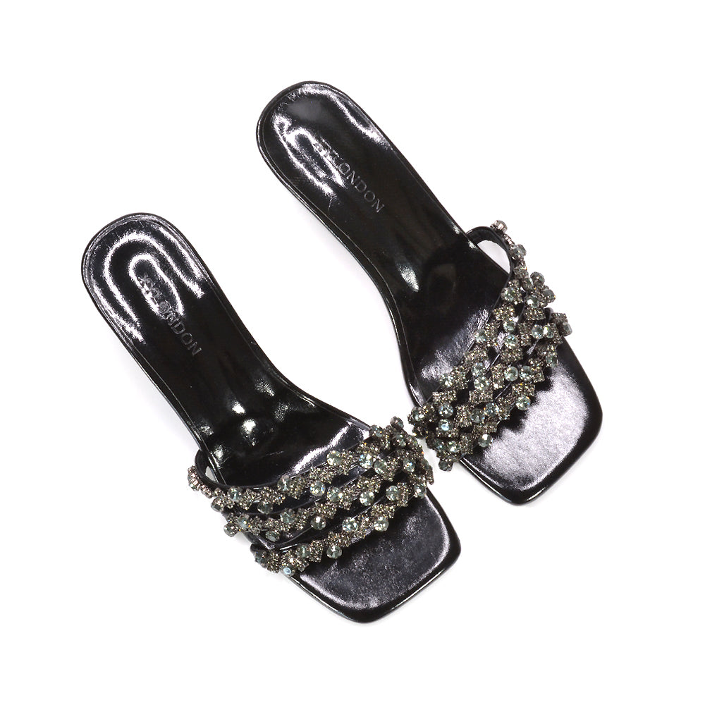 black wedding guest heels, black square toe dressy heels for women, black rhinestone heels