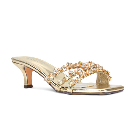 gold party heels for women, women's gold mid stiletto heel mules, gold square toe heels