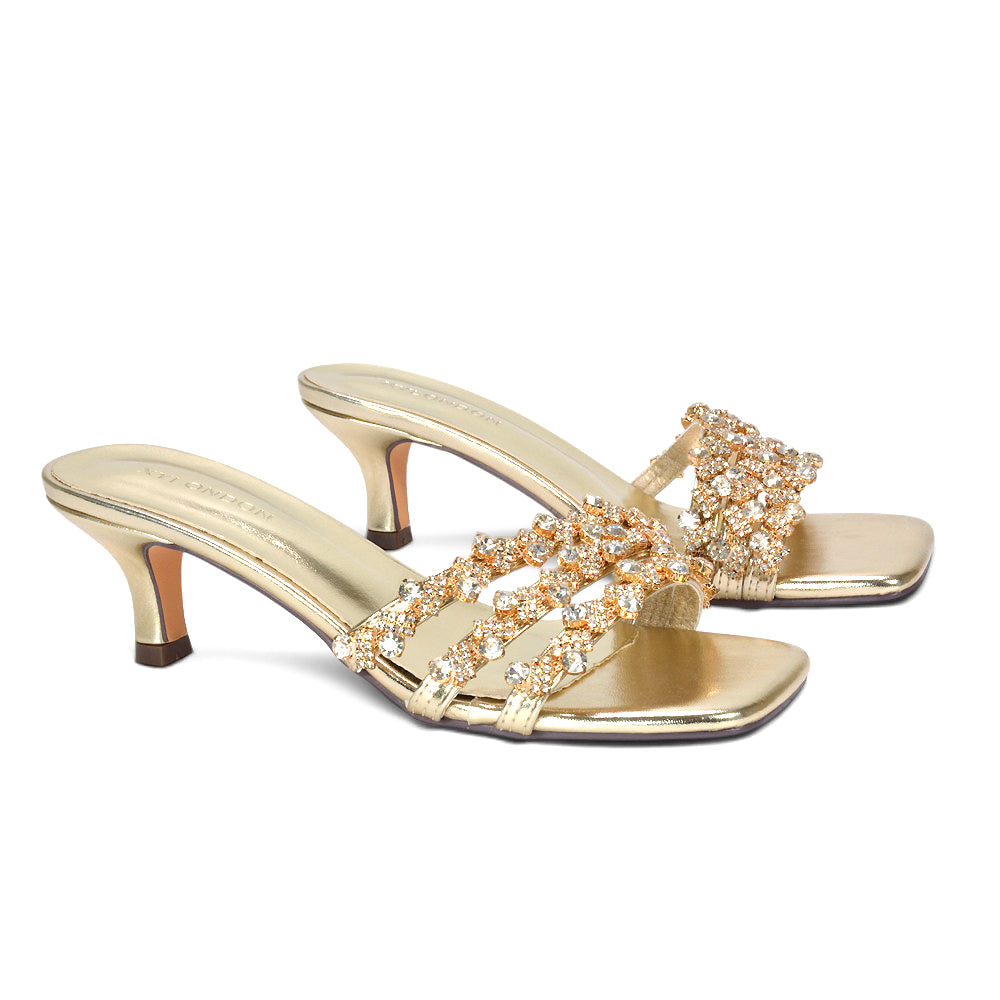 gold stiletto heel mules, gold rhinestone mule heels for women, gold evening sandals with diamante straps