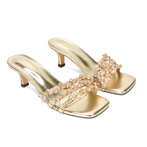 gold party heels, gold square toe stiletto mule sandals, gold sparkly heels online