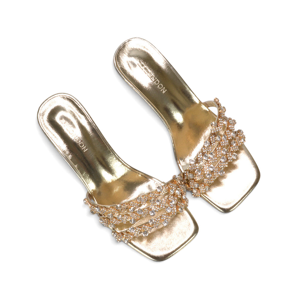 women's gold dressy mule sandals, gold sparkling mule heels for women, gold dressy sandals