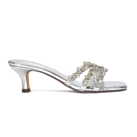 silver diamante mule heels, silver crystal embellished square toe mules, silver wedding guest heels