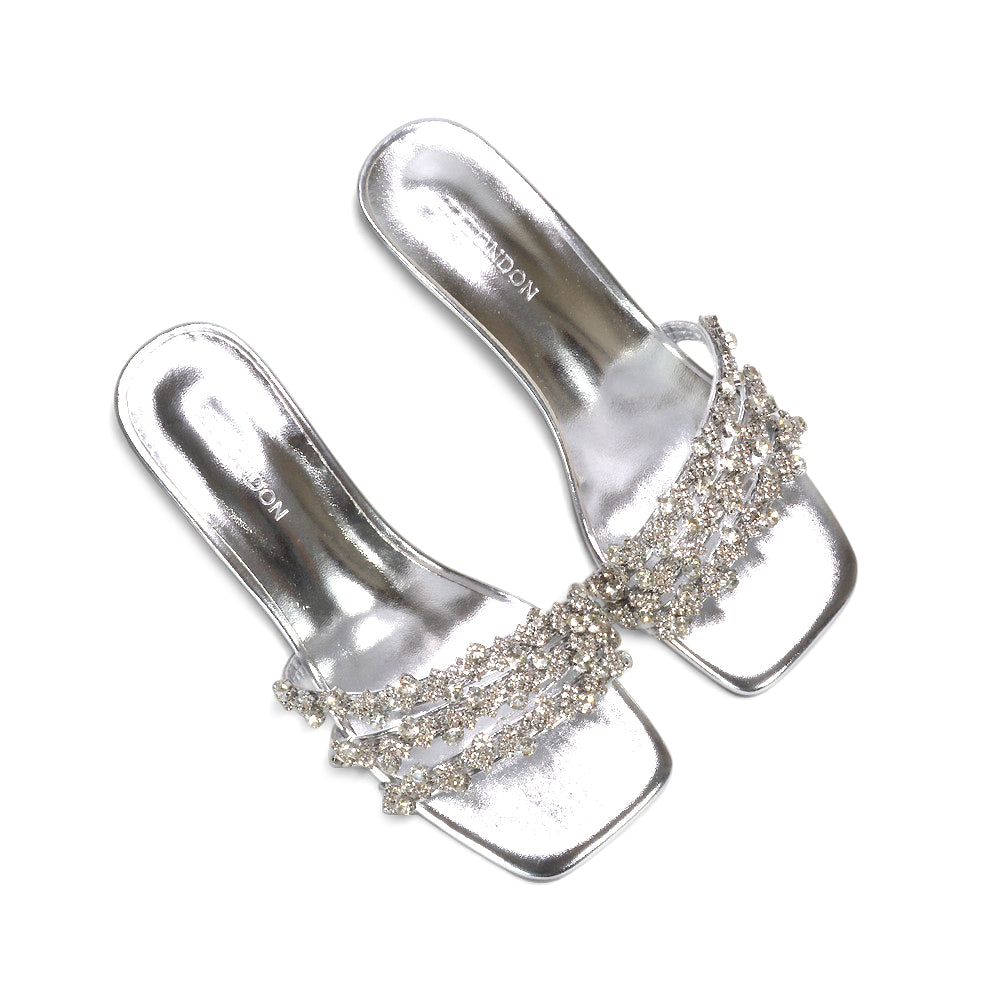 silver holiday party sandals, silver wedding reception heels, silver slip-on heels