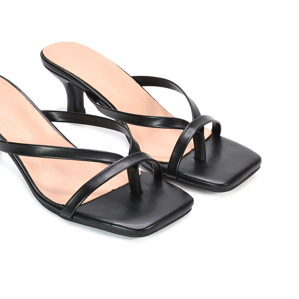 black strappy mules, black flip flop heels, strappy mules, flip flop heels, square toe mule heels