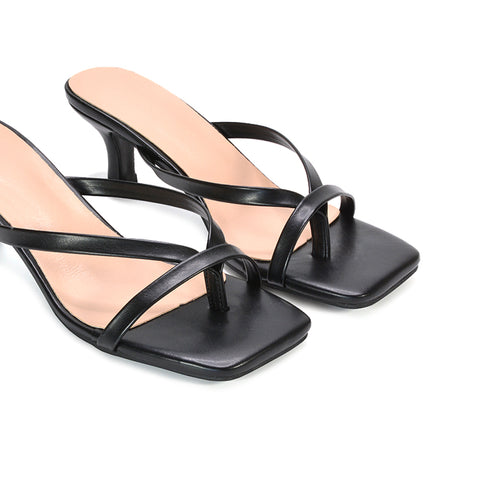 black strappy mules, black flip flop heels, strappy mules, flip flop heels, square toe mule heels