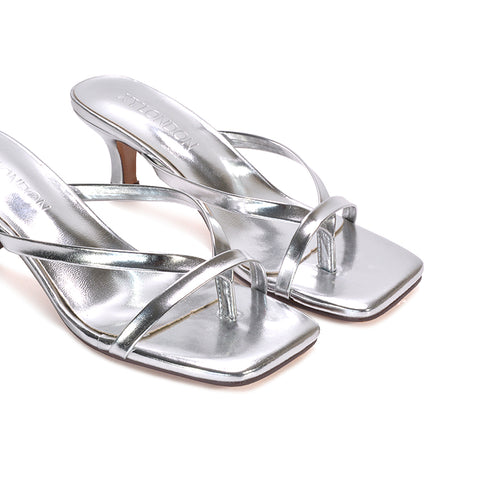 silver strappy mules, silver flip flop heels, strappy mules, flip flop heels, low heel sandals, toe thong heels, sandals with heels, silver heels for prom