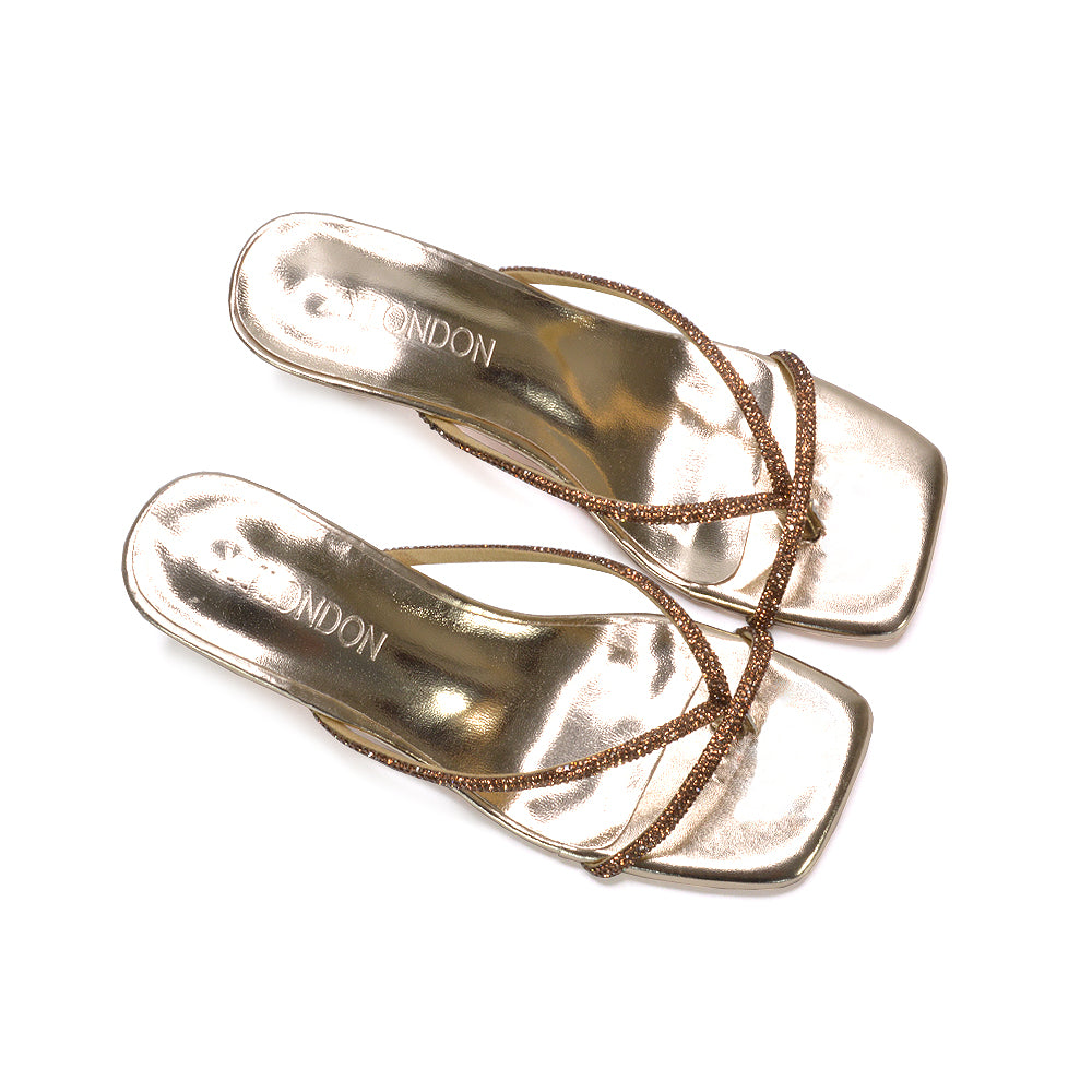 Melody Slip On Sparkly Diamante Mid Kitten Heel Sandal Mules in Gold