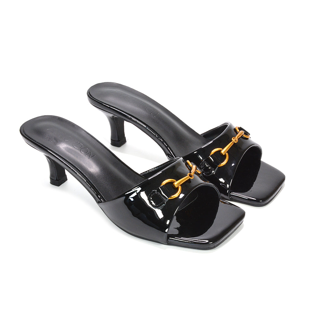 women’s buckle mule sandals, open toe mule sandals, women’s elegant kitten heel mules for evening and casual wear, chic slip on heels for women, black square toe heels, black kitten heel mules