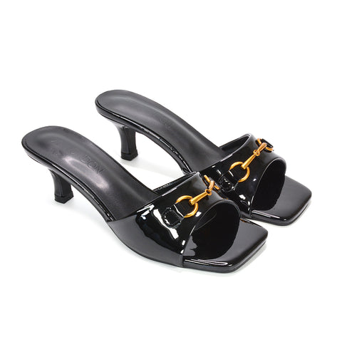 women’s buckle mule sandals, open toe mule sandals, women’s elegant kitten heel mules for evening and casual wear, chic slip on heels for women, black square toe heels, black kitten heel mules