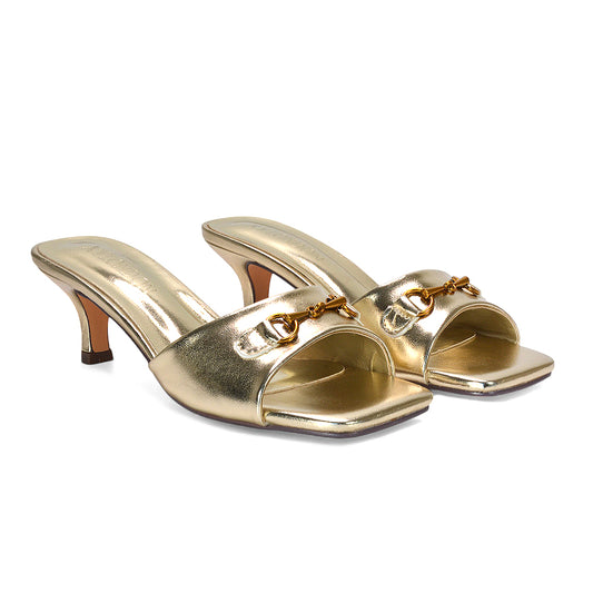 women’s square toe mule sandals, ladies slip on heels, women’s square toe slip on mule sandals with buckle, affordable mule heels women, gold heels, gold kitten heels