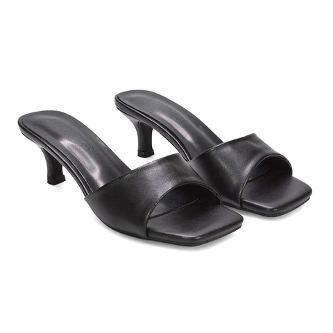 women’s kitten heel sandals, synthetic leather mule sandals, women’s square toe kitten heel mule sandals, chic women’s sandals, black heels, black kitten heels