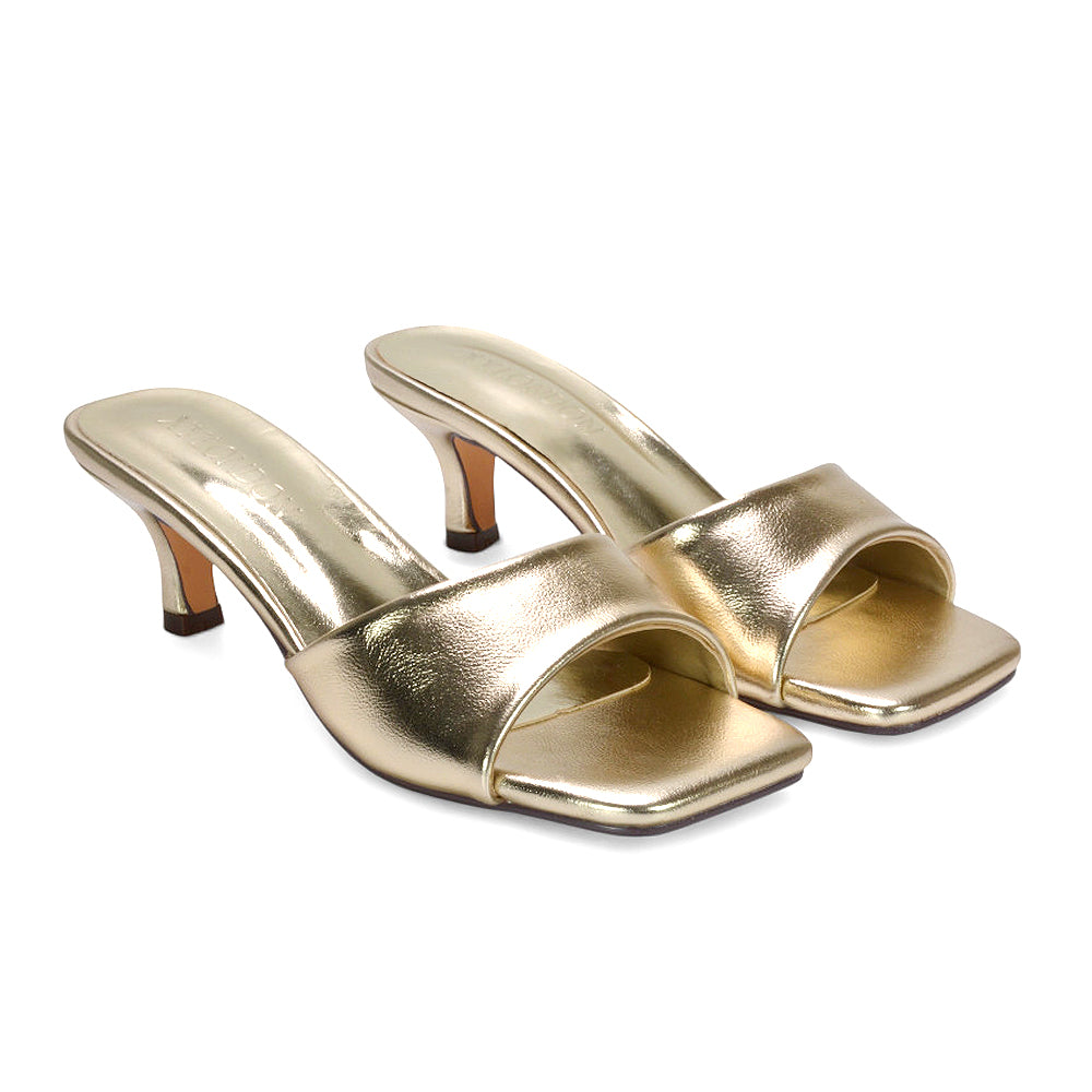 square toe mule sandals, open toe kitten heels, comfortable slip on kitten heels for women, elegant mule heels, gold square toe heels, gold heeled sandals
