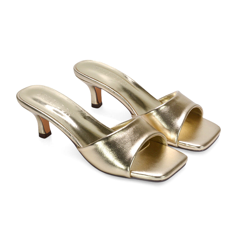 women’s kitten heel sandals, synthetic leather mule sandals, women’s square toe kitten heel mule sandals, chic women’s sandals, gold heels, gold kitten heels