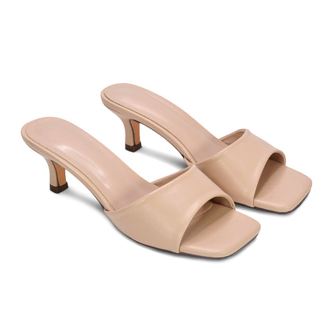 Pearl Square Toe Stiletto Kitten Heel Mule Sandals in Silver Metallic