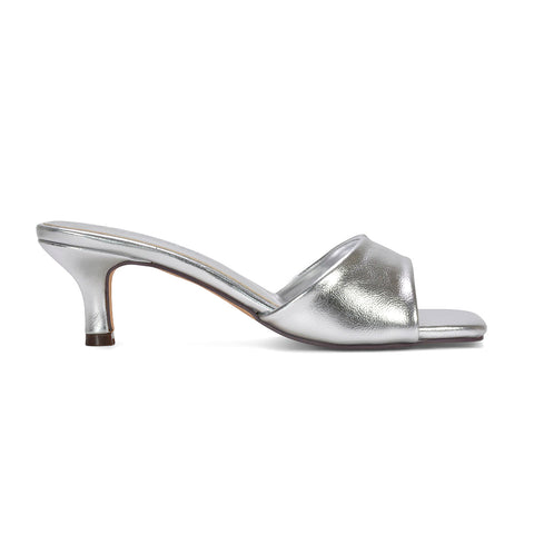 women’s heeled mules, women’s dressy sandals low heel, synthetic leather slip on mule heels, party wear kitten heels, silver summer heels, silver party heels