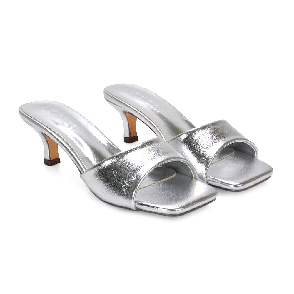 women’s kitten heel sandals, synthetic leather mule sandals, women’s square toe kitten heel mule sandals, chic women’s sandals, silver heels, silver kitten heels