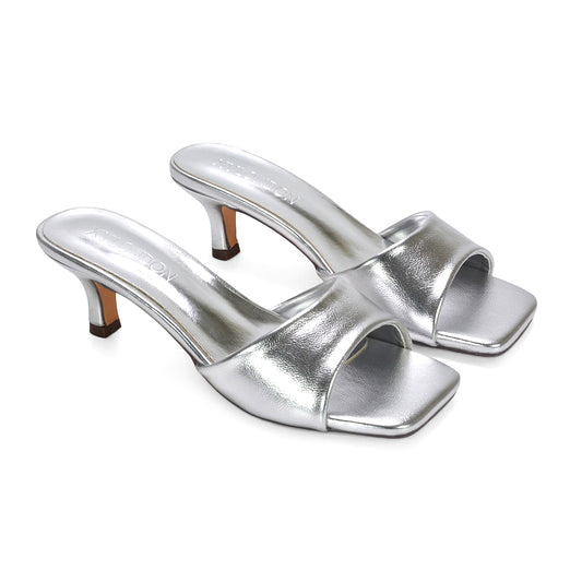 square toe heels women, casual heeled slides, square toe slip on heels, square toe mule heels for women, summer slip on sandals women, silver slip on square toe kitten heels, silver kitten heel sandals