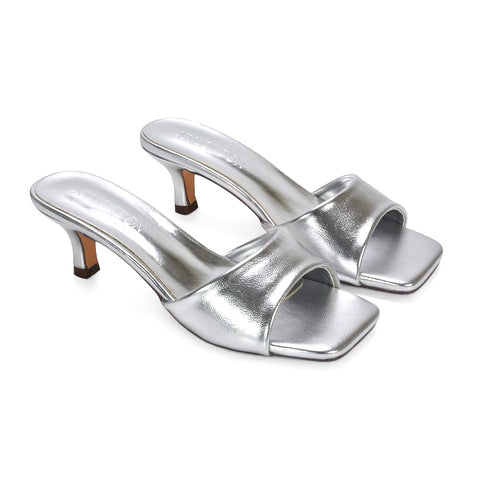 square toe heels women, casual heeled slides, square toe slip on heels, square toe mule heels for women, summer slip on sandals women, silver slip on square toe kitten heels, silver kitten heel sandals