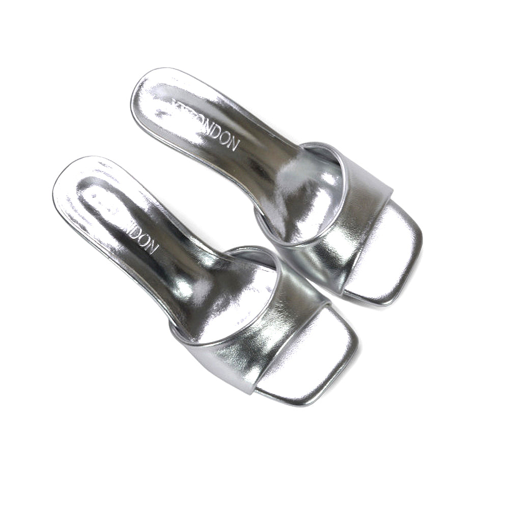 square toe mule sandals, open toe kitten heels, comfortable slip on kitten heels for women, elegant mule heels, silver square toe heels, silver heeled sandals