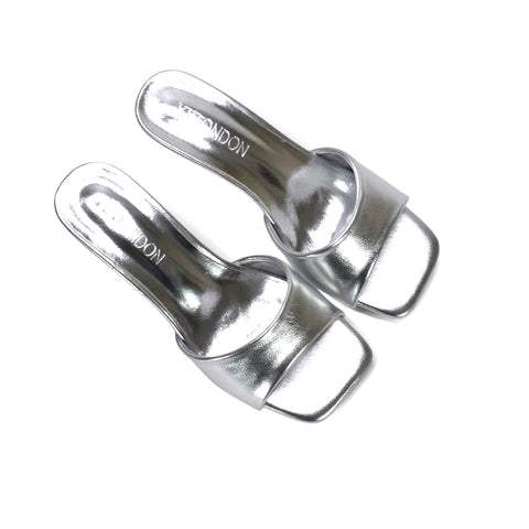 square toe mule sandals, open toe kitten heels, comfortable slip on kitten heels for women, elegant mule heels, silver square toe heels, silver heeled sandals