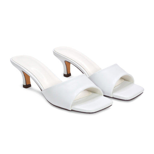 women’s kitten heel sandals, synthetic leather mule sandals, women’s square toe kitten heel mule sandals, chic women’s sandals, white heels, white kitten heels