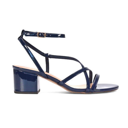 Liza Open Toe Mid Block Heel Strappy Sandals in Navy Patent