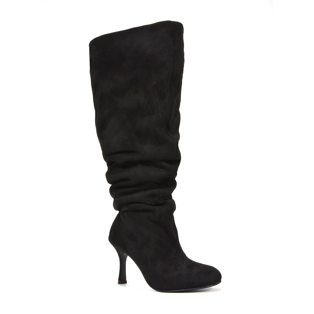 Black ruched high heel boots for women
