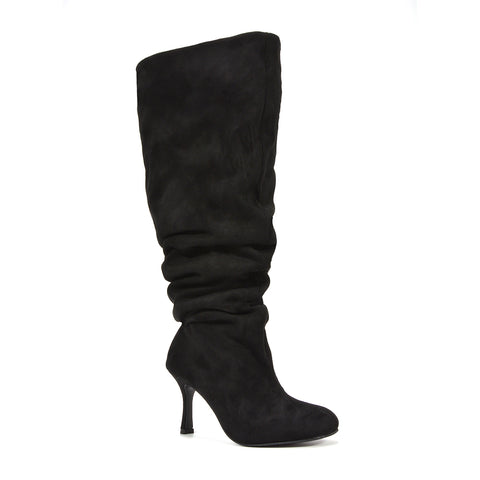 Black ruched high heel boots for women