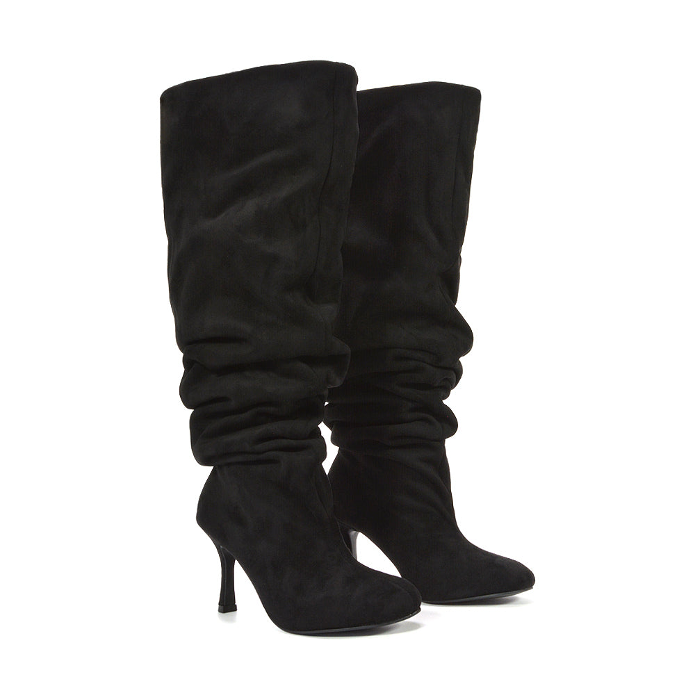 Black pointed toe knee-high boots for women