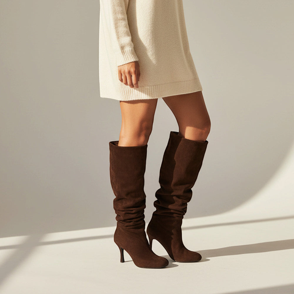 Chocolate brown pointed toe heeled boots