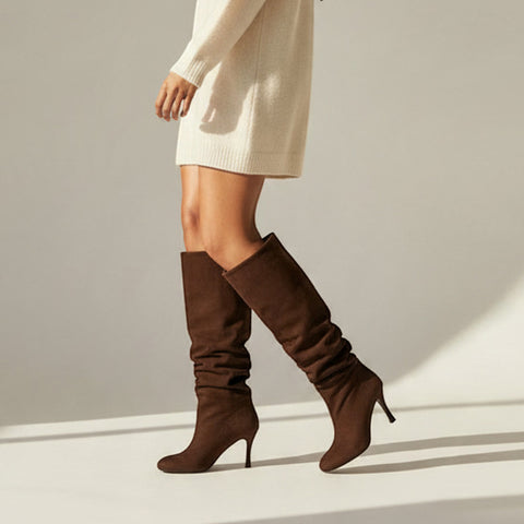 Chocolate brown slouchy knee-high boots for women