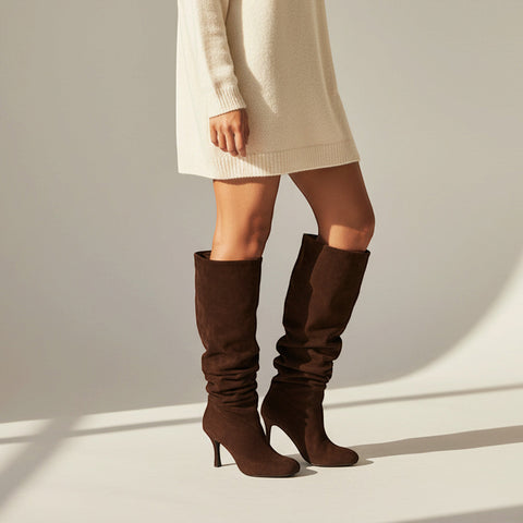 Chocolate brown pointed toe heeled boots