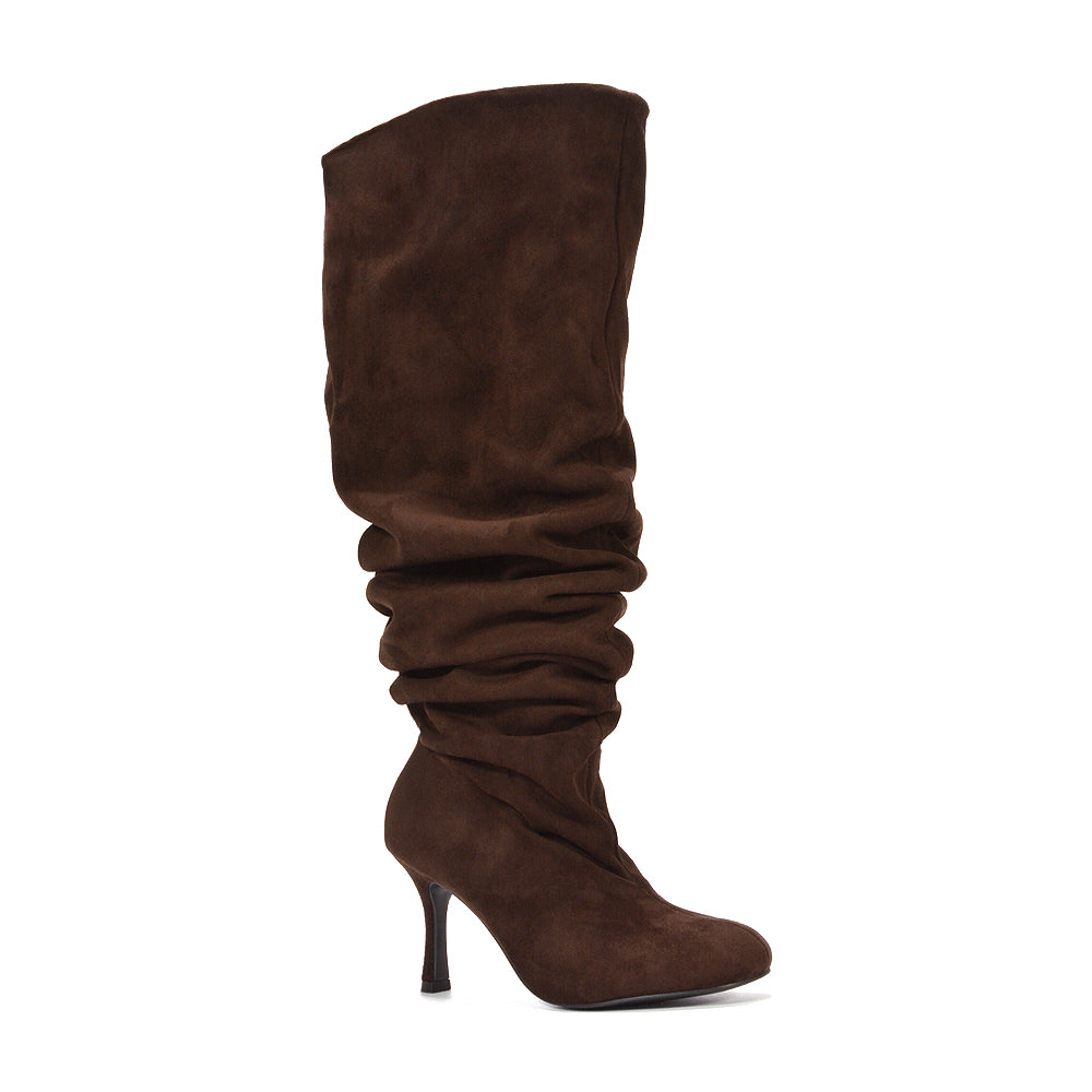Women's chocolate brown ruched tall boots