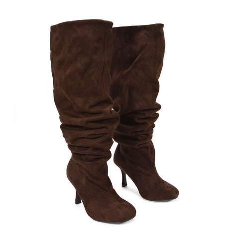 Chocolate brown knee-high boots with slim heels