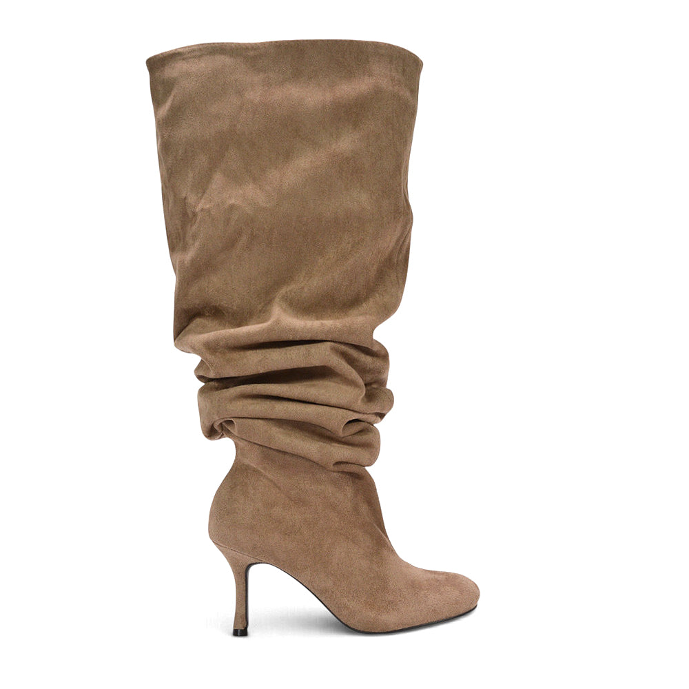 Taupe ruched stiletto boots for women